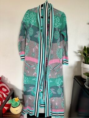 Striped Long Knit Cardigan in Teal & Pink